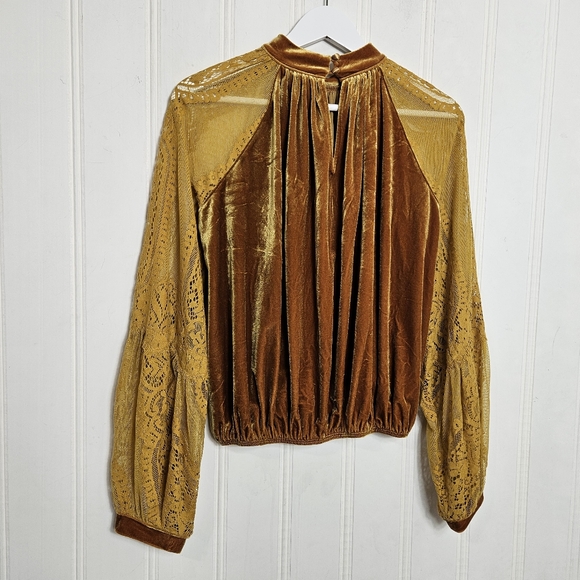 Free People Dream Team Gold Velvet Lace Top Mock Neck Balloon Sleeve S Boho - Picture 9 of 15